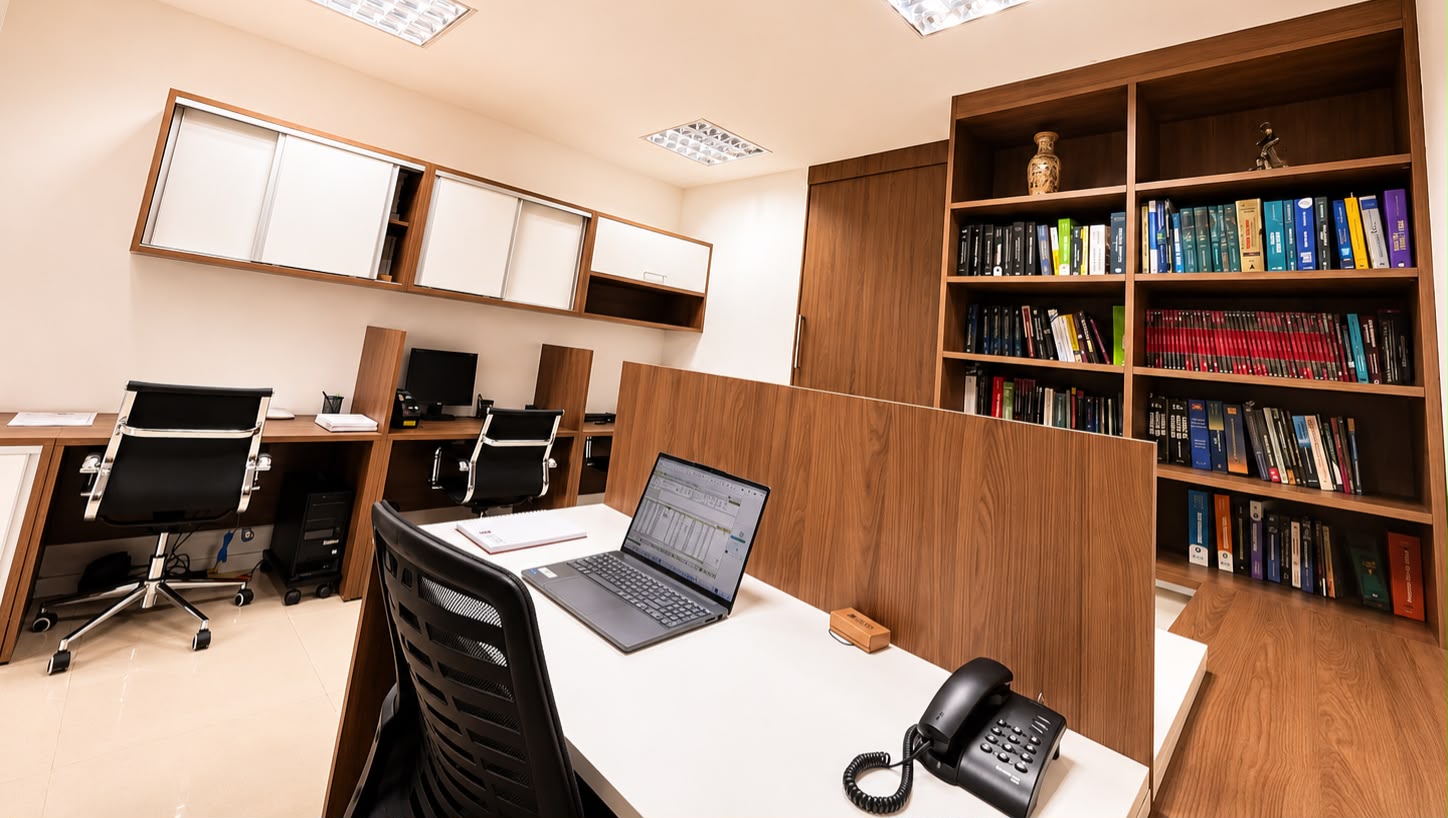 Ambiente de trabalho do escritório, com estações de atendimento e estante de livros.